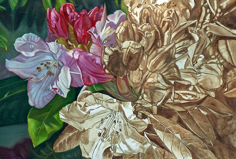 oil painting of rhododendron in-progress overpainting 1