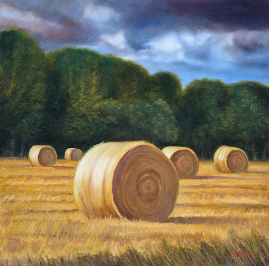 expressive tonalist landscape of hayrolls in field oil painting