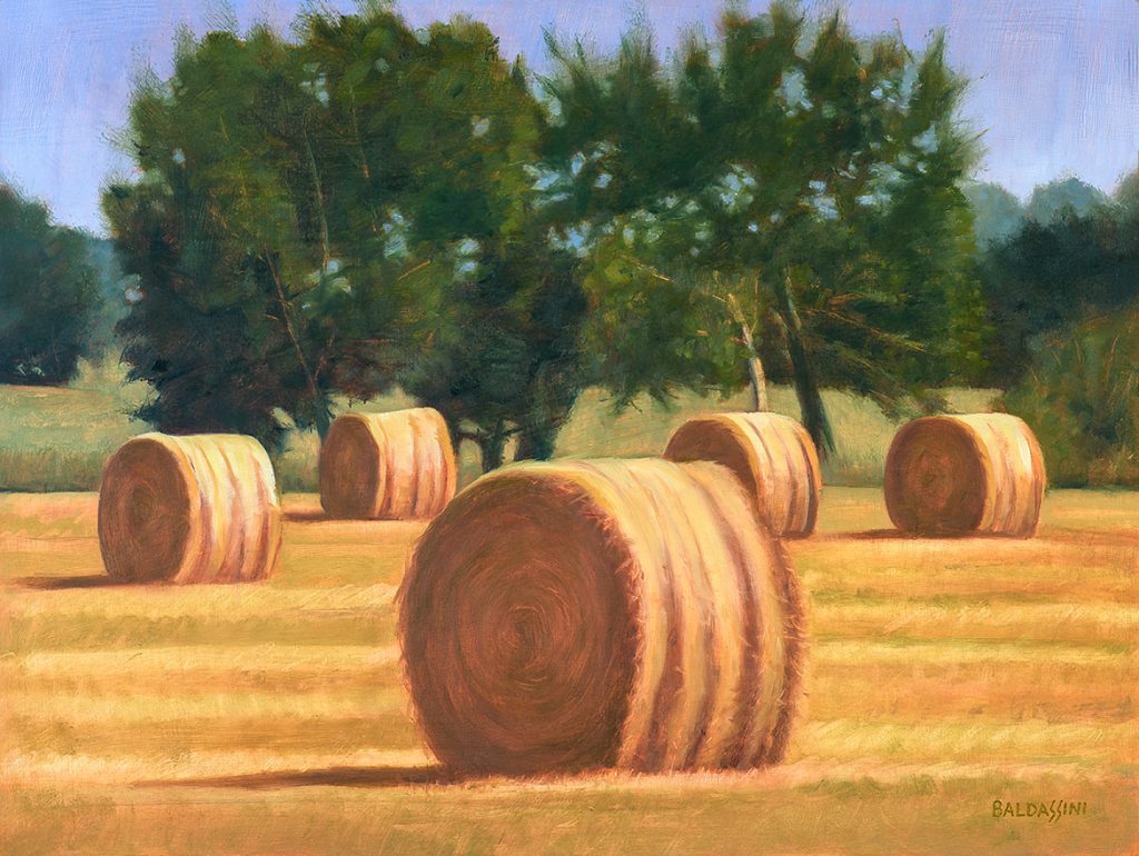 oil painting landscape with hay rolls in field
