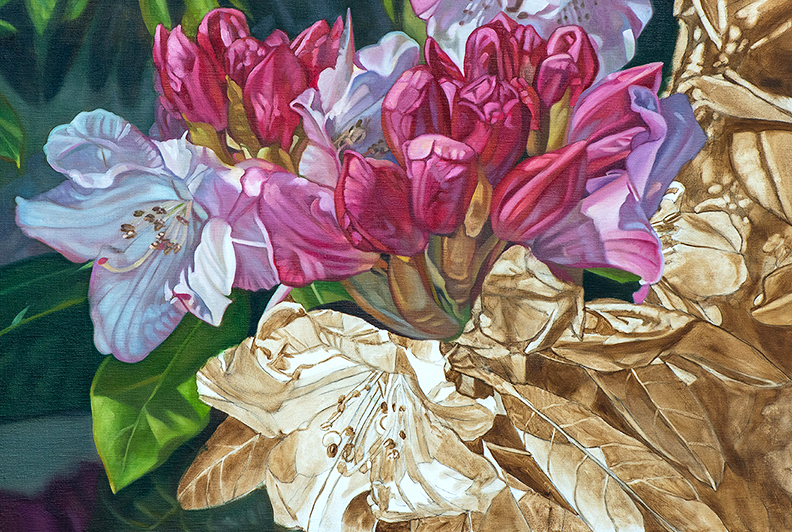 oil painting of rhododendron in-progress overpainting 2
