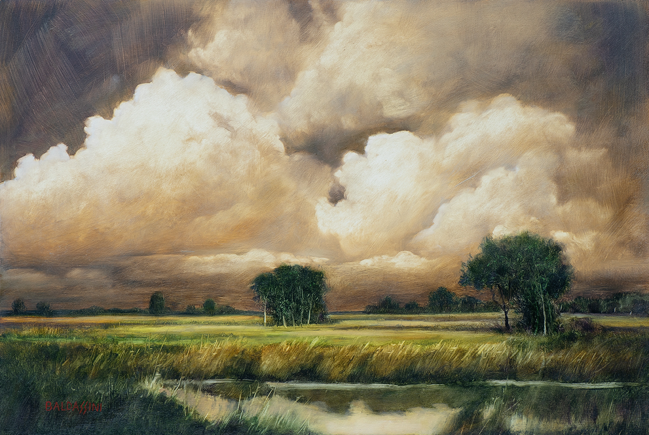 expressive tonalist landscape composition with sky & clouds oil painting